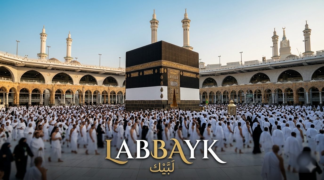 The Kaaba in Masjid al-Haram, with Labbayyk and لَبَّيْك text